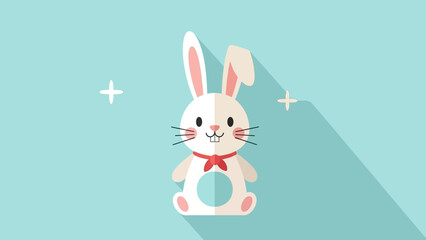 Fototapeta premium A cute whiskered bunny rabbit with a red bow tie, illustrated in a flat design style with a long shadow on a blue background
