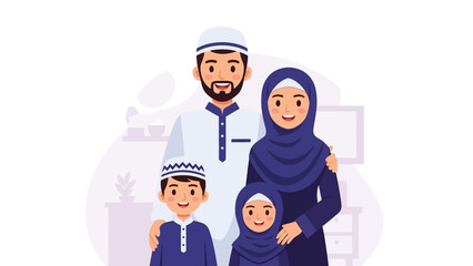 Happy Muslim Arab family portrait with parents and two children standing together in traditional Islamic clothing illustration