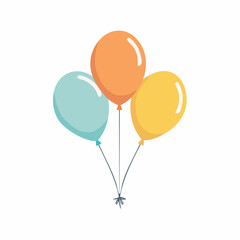 Three colorful party balloons, orange, blue, and yellow, tied together with strings, on a white background.