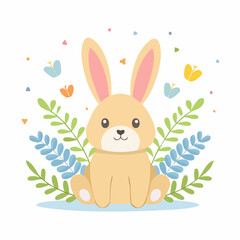 A cute cartoon bunny sitting among green leaves and colorful flowers, perfect for spring or Easter themes.