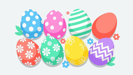 Delightful Collection of Eight Vibrant Easter Eggs with Diverse Patterns, Perfect for Spring Holiday Celebrations and Festive Designs