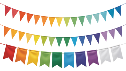 Carnival garland, birthday party decoration. Rainbow Pennant Banner Flags. Colorful multicolored flags image transparent background