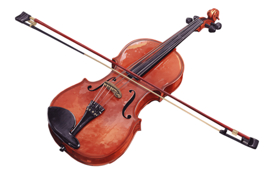 Acoustic violin with bow on a dark background