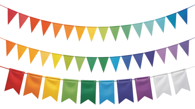 Carnival garland, birthday party decoration. Rainbow Pennant Banner Flags. Colorful multicolored flags image transparent background