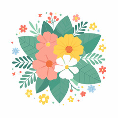 A vibrant and cheerful illustration of a floral bouquet with various colorful flowers and green leaves.