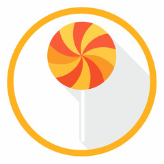 Flat design illustration of a swirled orange and yellow lollipop with a long shadow inside a circular frame.