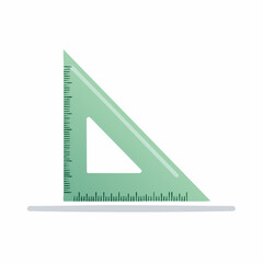 Green triangular set square ruler with measurement markings on a white background.