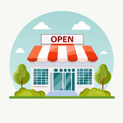 A cartoon illustration of a small business storefront with an "OPEN" sign, red and white striped awning, trees, and bushes under a blue sky.