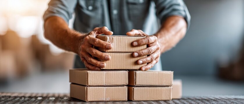 Hands of warehouse worker stacking boxes, ready for shipping and distribution to customers.