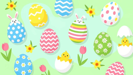 A cheerful Easter holiday illustration with decorated eggs, cute hatching chicks, bunny ears, and spring flowers on a festive background