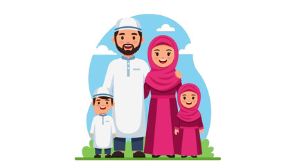 Fototapeta premium A Happy Muslim Family Poses Together Outdoors on a Sunny Day