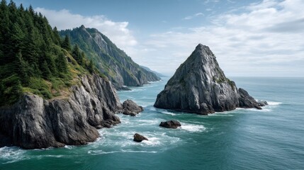 Dramatic coastal landscape showcasing sea stacks and cliffs against a bright blue sky.