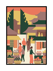 Traditional Village Scene With Daily Life and Warm Sunset Tones