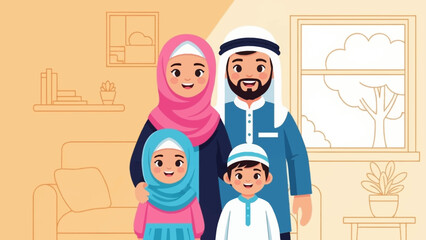 Fototapeta premium Portrait of Happy Muslim Family Together at Home in Cartoon Style