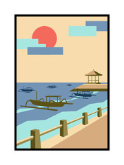 Minimalist Harbor Scene With Pavilion Over Calm Blue Water