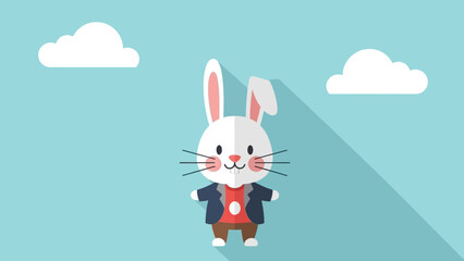A charming flat-design illustration of a bunny character standing against a blue background with clouds