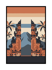 Symmetrical Temple Gate Rising Between Palm Trees and Mountains