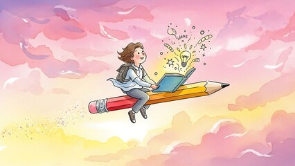 Inspiring young student soaring on pencil to new ideas in a vibrant watercolor dreamscape perfect for back to school creativity campaigns