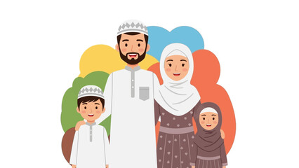 Happy Muslim family portrait with parents and two children in traditional Islamic clothing vector illustration