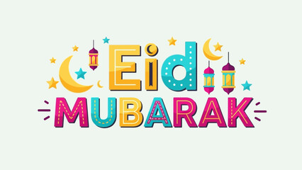 Fototapeta premium Colorful Eid Mubarak lettering design for Islamic holiday greeting card with crescent moons, stars, and lanterns