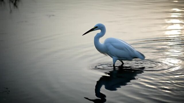 Elegant egret wading in tranquil waters during golden hour, captivating reflections