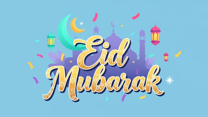Eid Mubarak festive greeting with moon, mosque, and vibrant confetti