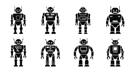A collection of diverse black and white robot icons in a grid arrangement