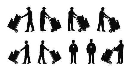 Silhouettes of people carrying parcels and luggage with hand trucks
