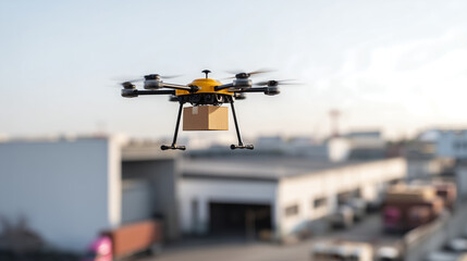 A delivery drone flying with a cardboard package over an industrial area