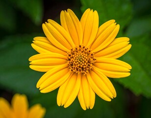 Obraz premium Close-up of a vibrant yellow flower with numerous petals radiating from a central disc, set against dark green foliage
