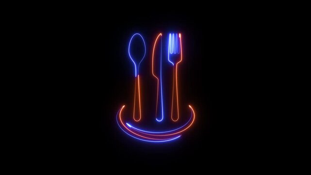 Animated neon cutlery icon. Glowing line spoon icon motion graphics. cutlery set spoon fork knife 4k video footage.