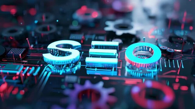 Close-up shot of the letters 'SEO' on a futuristic motherboard, emphasizing technology and data