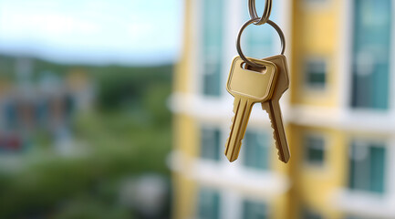 House keys on a keyring with a blurred residential building in the background copy space