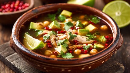 Traditional Mexican caldo tlalpeo chicken soup vegetables chickpeas avocado and chipotle peppers garnished with lime and cilantro