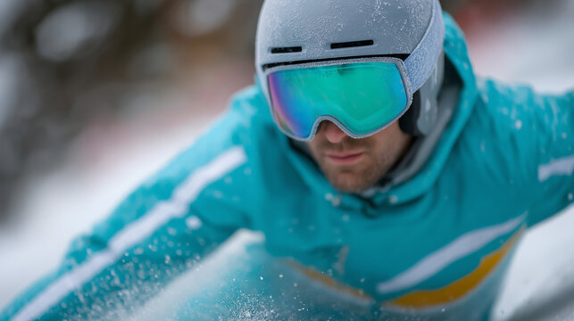 Close up of a skier wearing a helmet and reflective goggles in the snow - Powered by Adobe