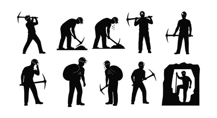Silhouettes of miners working with various tools in a dark setting