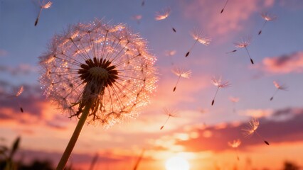 Dandelion seed head dispersing at sunset with vibrant sky colors