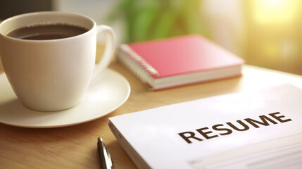 Resume for job application on a wooden desk with a cup of coffee