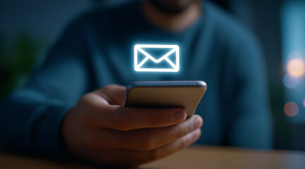 Man holding a smartphone with a glowing email message icon