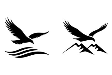 Fototapeta premium Two silhouette eagle icons flying over water waves and majestic mountain peaks isolated on white background, symbolizing freedom and nature