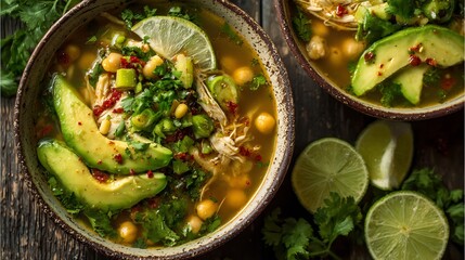 Traditional Mexican caldo tlalpeo chicken soup vegetables chickpeas avocado and chipotle peppers garnished with lime and cilantro