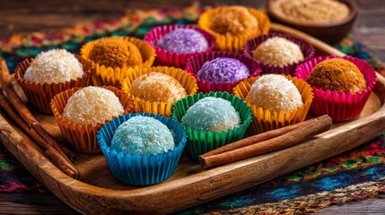 Traditional Mexican cocadas coconut sweets arranged colorful paper cups on a wooden tray with cinnamon sticks and sugar
