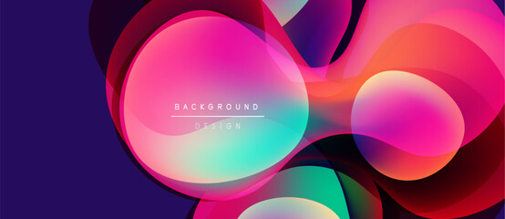 Abstract vibrant overlapping circles create dynamic colorful background. Modern design features gradients, shapes, text elements.