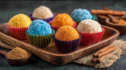 Traditional Mexican cocadas coconut sweets arranged colorful paper cups on a wooden tray with cinnamon sticks and sugar