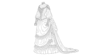 Detailed line art illustration of a sophisticated Victorian era gown design draft