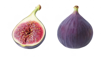 A fresh. ripe fig cut in half to reveal its pink interior alongside a whole fig. set against a clean white background. ideal for culinary or health-related visuals