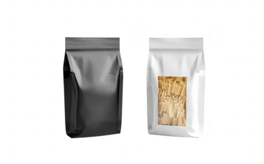 Two elegant packaging designs featuring a black bag and a white bag filled with wooden sticks. set against a clean white background. ideal for product aesthetics in marketing materials