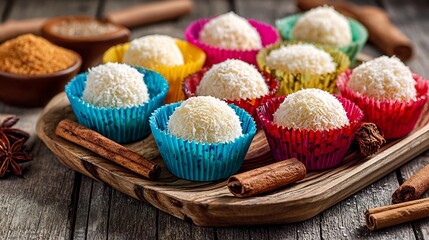 Traditional Mexican cocadas coconut sweets arranged colorful paper cups on a wooden tray with cinnamon sticks and sugar
