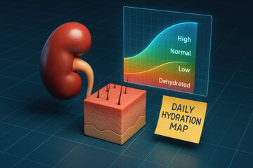 Futuristic medical kidney and skin system with hydration curve hologram. daily hydration map shows color coded stages for health monitoring on futuristic medical grid