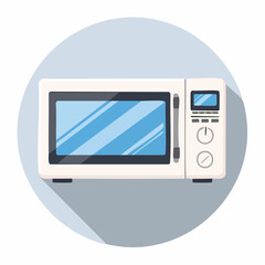 A modern white microwave oven with a blue-tinted door and digital control panel in a flat design style.